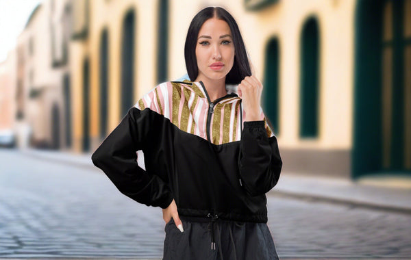 Pink + Gold Glitter Cropped Windbreaker - Running Jacket - Rain Jacket