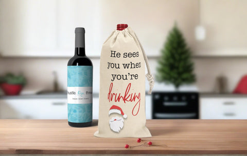 Santa's Watching Canvas Wine Tote Bag  - Cute Wine Bag - Swag Gift - Wine Lover Gift